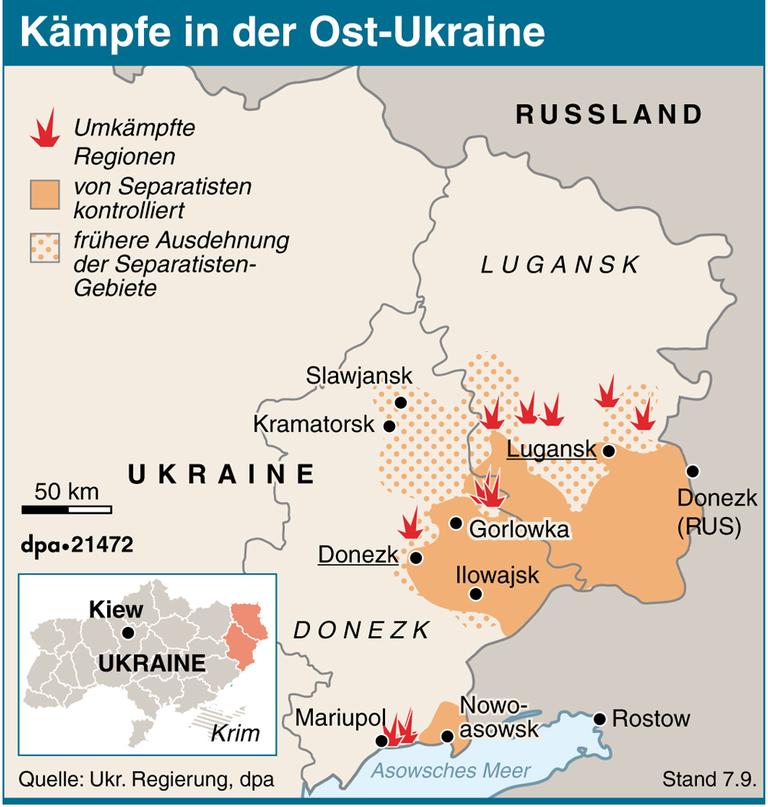 Karte der Ost-Ukraine mit Kämpfen und von Separatisten kontrollierten Gebieten Karte der Ost-Ukraine mit Kämpfen und von Separatisten kontrollierten Gebieten