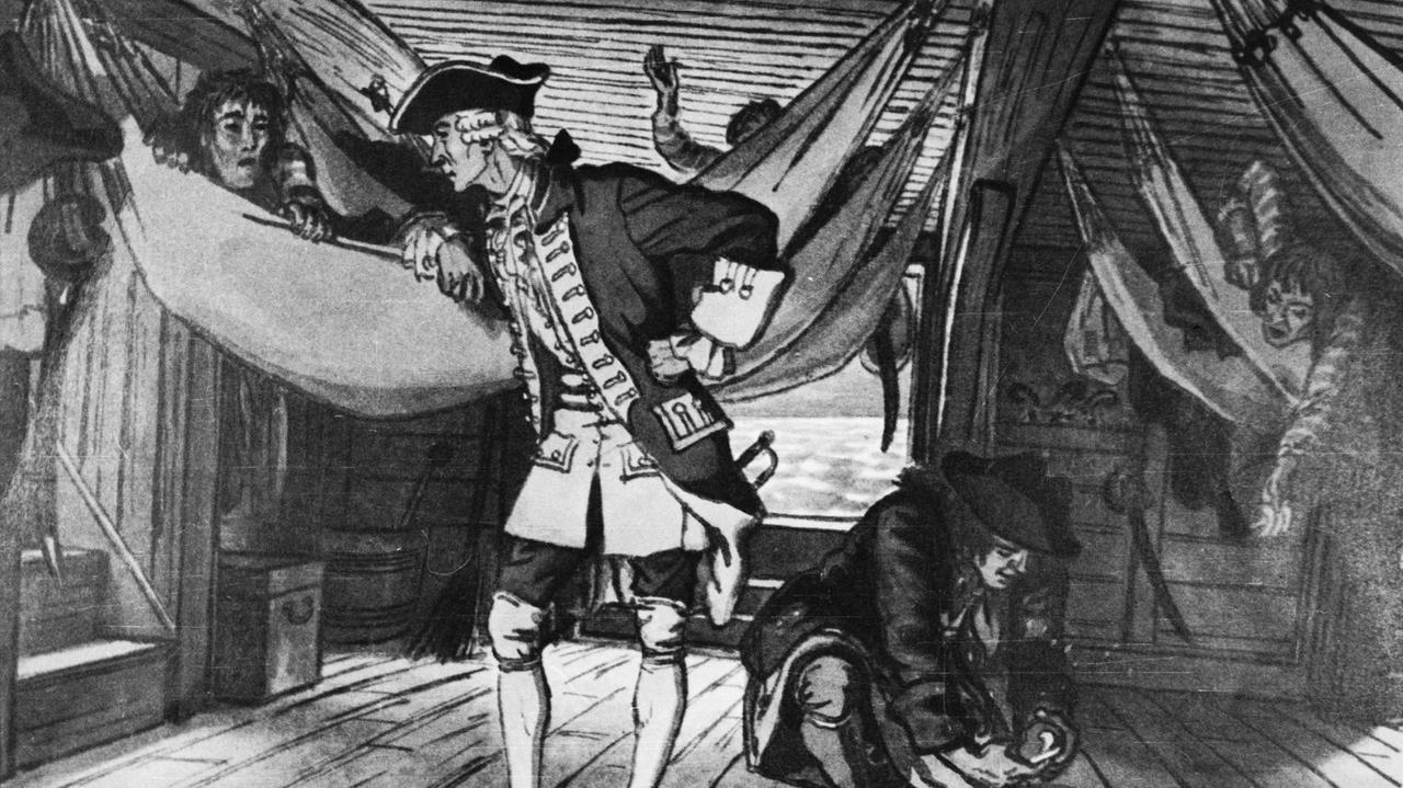 Zeichnung von James Lind unter Deck mit Matrosen der britischen Navy. Zeichnung von James Lind unter Deck mit Matrosen der britischen Navy.