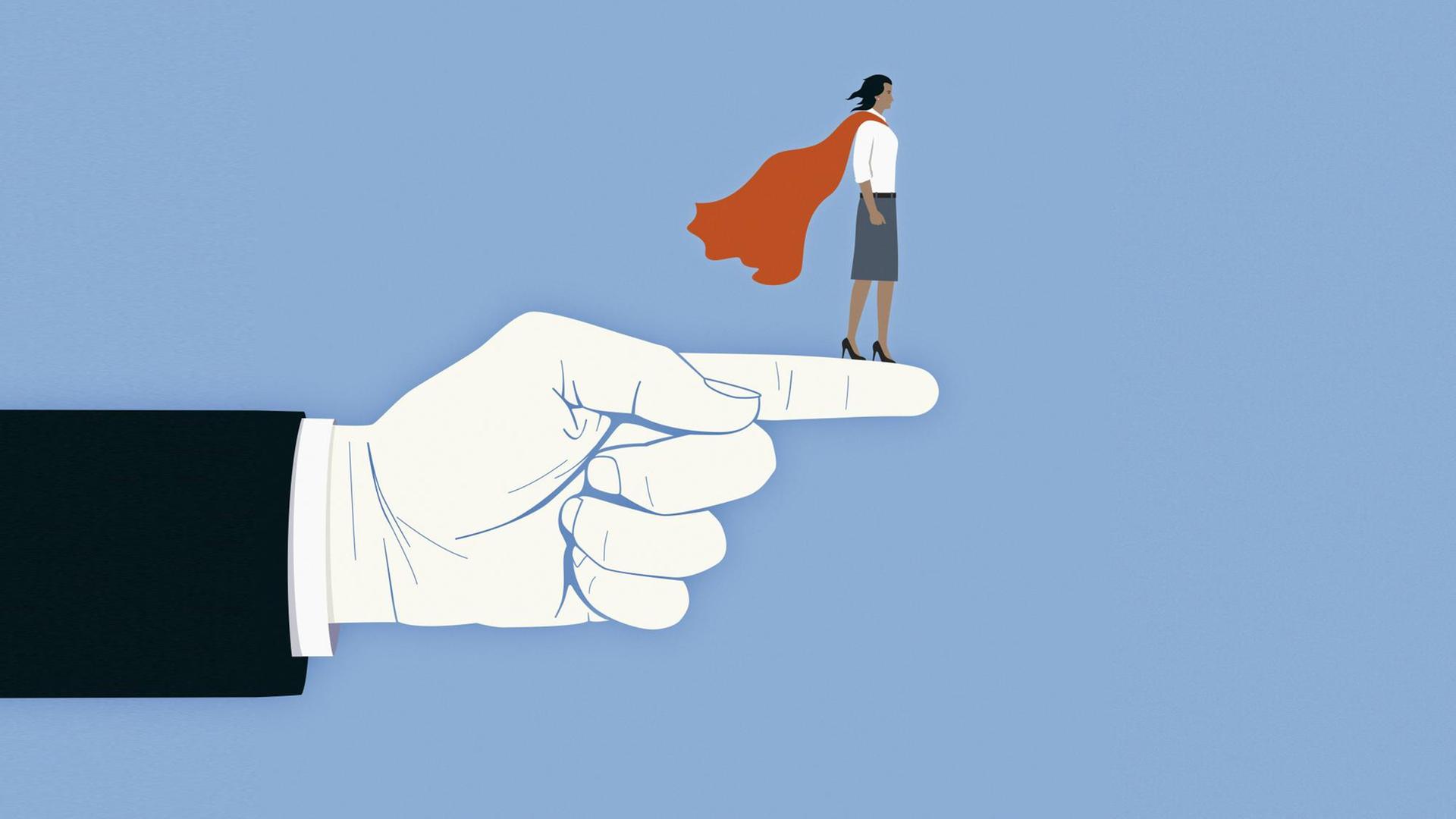 Eine Frau mit einem Heldenumhang steht auf einem ausgestrekten Zeigefinger. (Illustration) Eine Frau mit einem Heldenumhang steht auf einem ausgestrekten Zeigefinger. (Illustration)