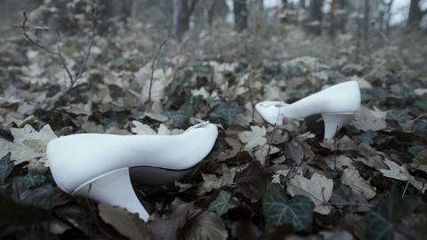 Ein Paar weiße Damenschuhe liegen auf Laub im Wald.