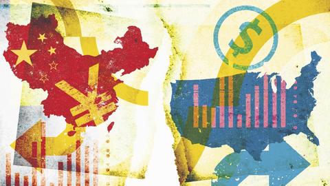 Illustration zu Handelsbeziehungen zwischen den Vereinigten Staaten und China, Länderkarten und Währungszeichen stehen gegenüber.
