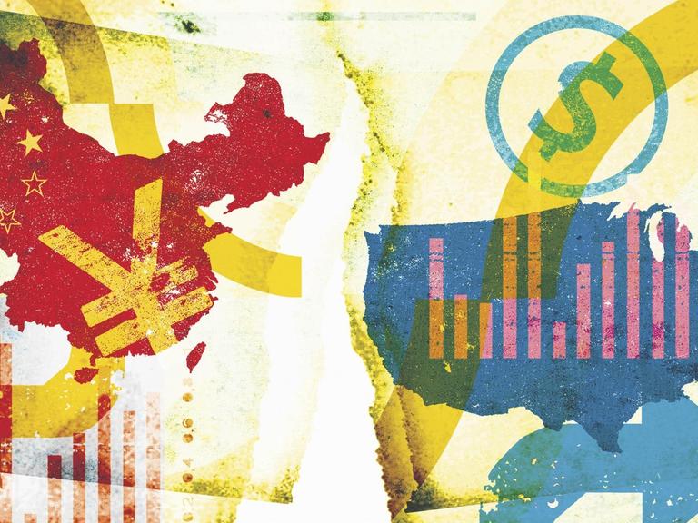 Illustration zu Handelsbeziehungen zwischen den Vereinigten Staaten und China, Länderkarten und Währungszeichen stehen gegenüber.