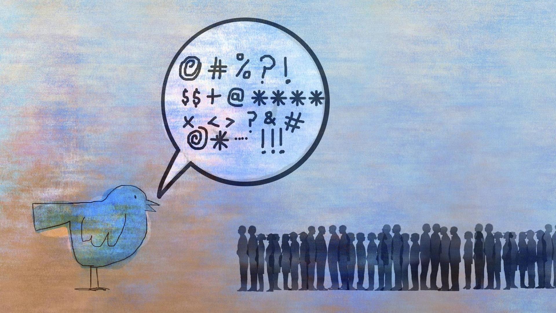 Illustration: Vogel sendet unhöflichen und wütenden Tweet an eine große Gruppe von Menschen. Illustration: Vogel sendet unhöflichen und wütenden Tweet an eine große Gruppe von Menschen.