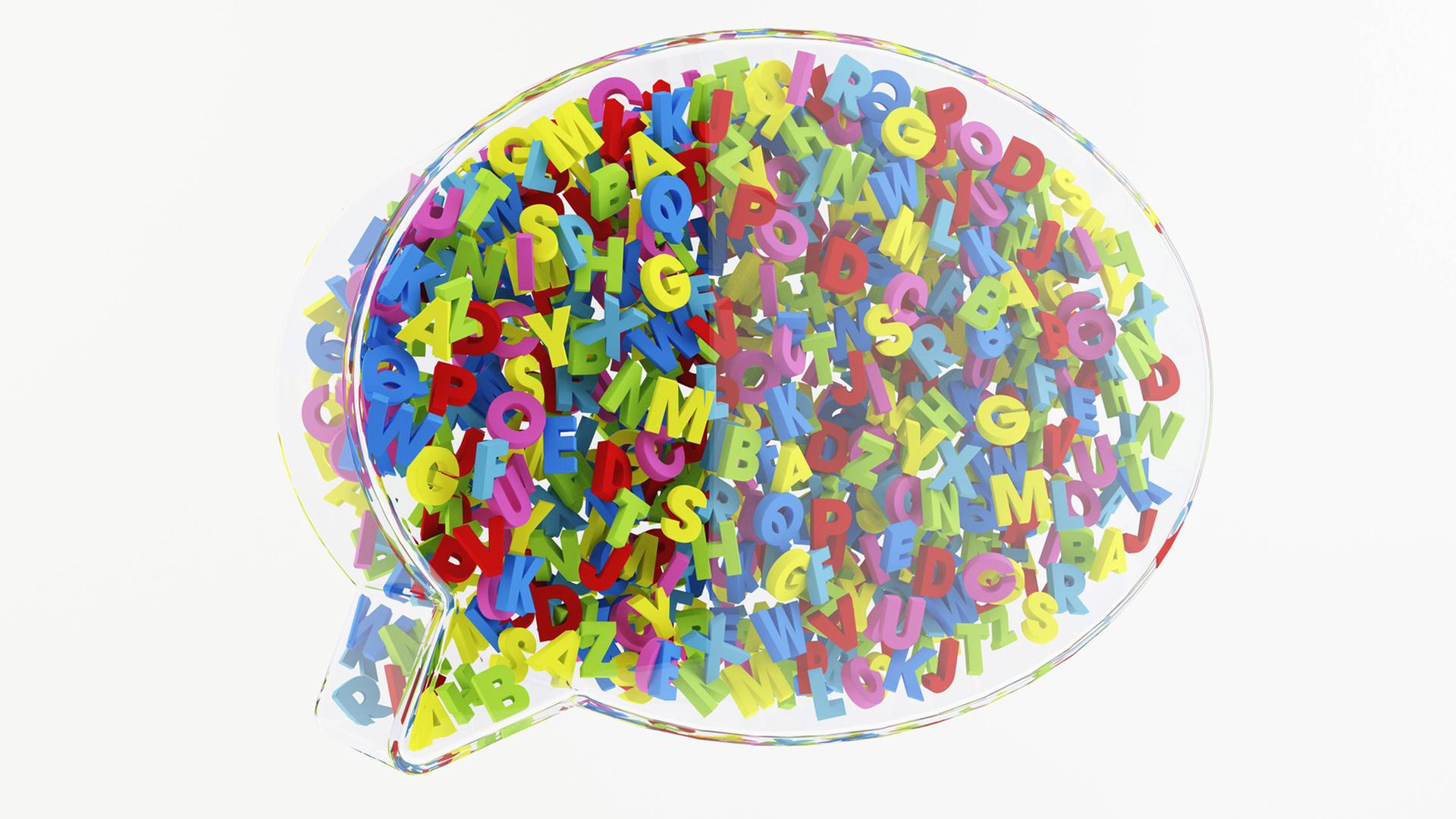 Gruppe bunter Buchstaben in einer transparenten dreidimensionalen Sprechblase Gruppe bunter Buchstaben in einer transparenten dreidimensionalen Sprechblase