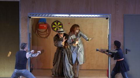 Ronan Collett (l-r), Andre Morsch, Rebecca von Lipinski und Pumeza Matshikiza singen am 21.07.2012 in der Hauptprobe der Oper "Don Giovanni" im Opernhaus in Stuttgart.