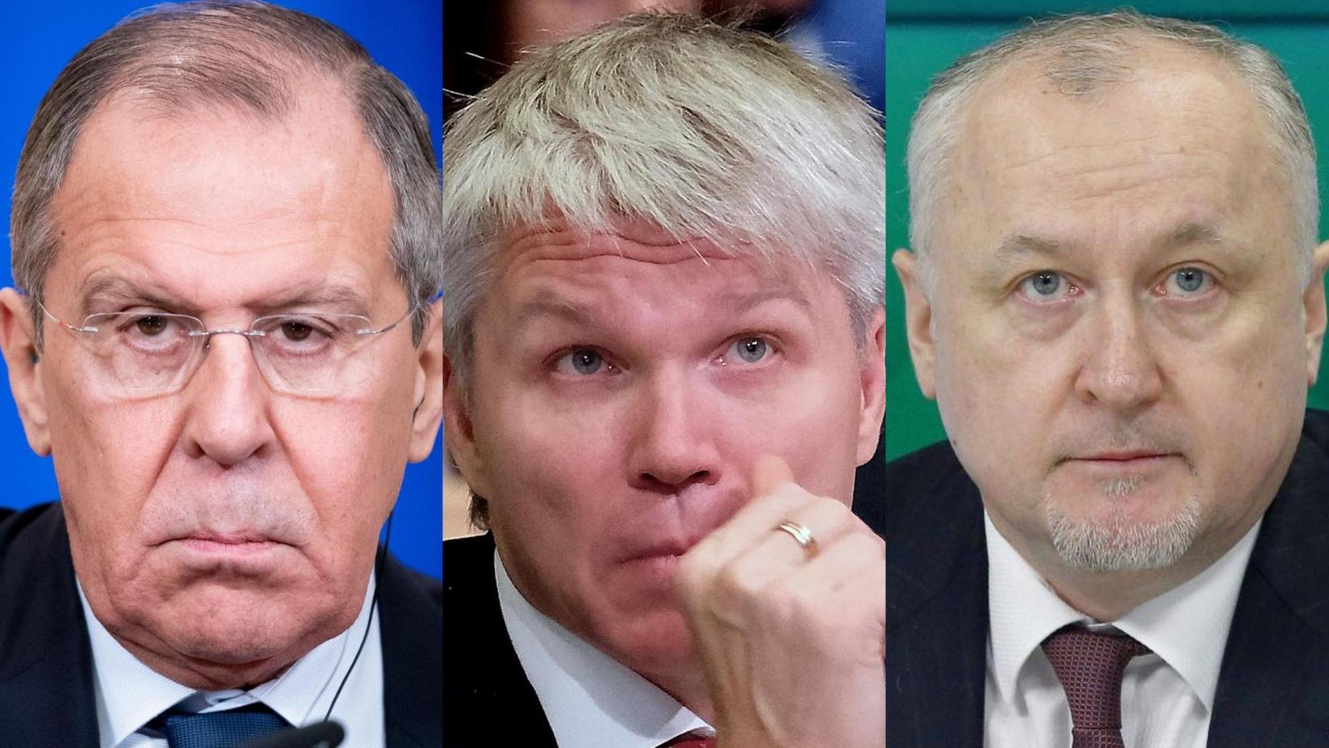 Russlands Außenminister Sergej Lawrow, Sportminister Pawel Kolobkow und der Chef der russischen Anti-Doping-Agentur RUSADA, Jurij Ganus Russlands Außenminister Sergej Lawrow, Sportminister Pawel Kolobkow und der Chef der russischen Anti-Doping-Agentur RUSADA, Jurij Ganus