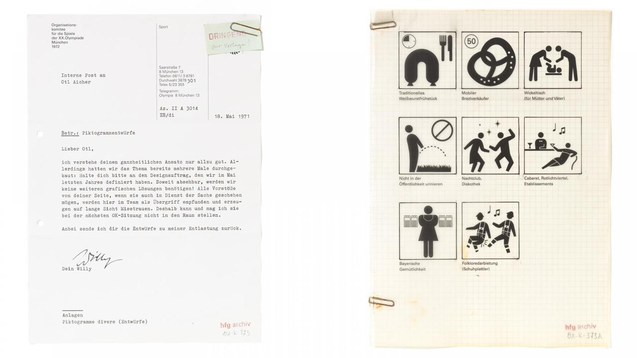 Ein Brief von Willy Daume an Otl Aicher und einige Piktogrammentwürfe. Ein Brief von Willy Daume an Otl Aicher und einige Piktogrammentwürfe.