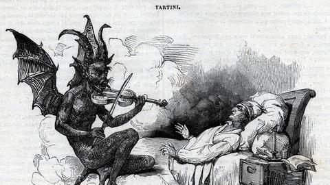 Die Zeichnung zeigt einen Teufel, der dem schlafenden Tartini etwas vorgeigt.