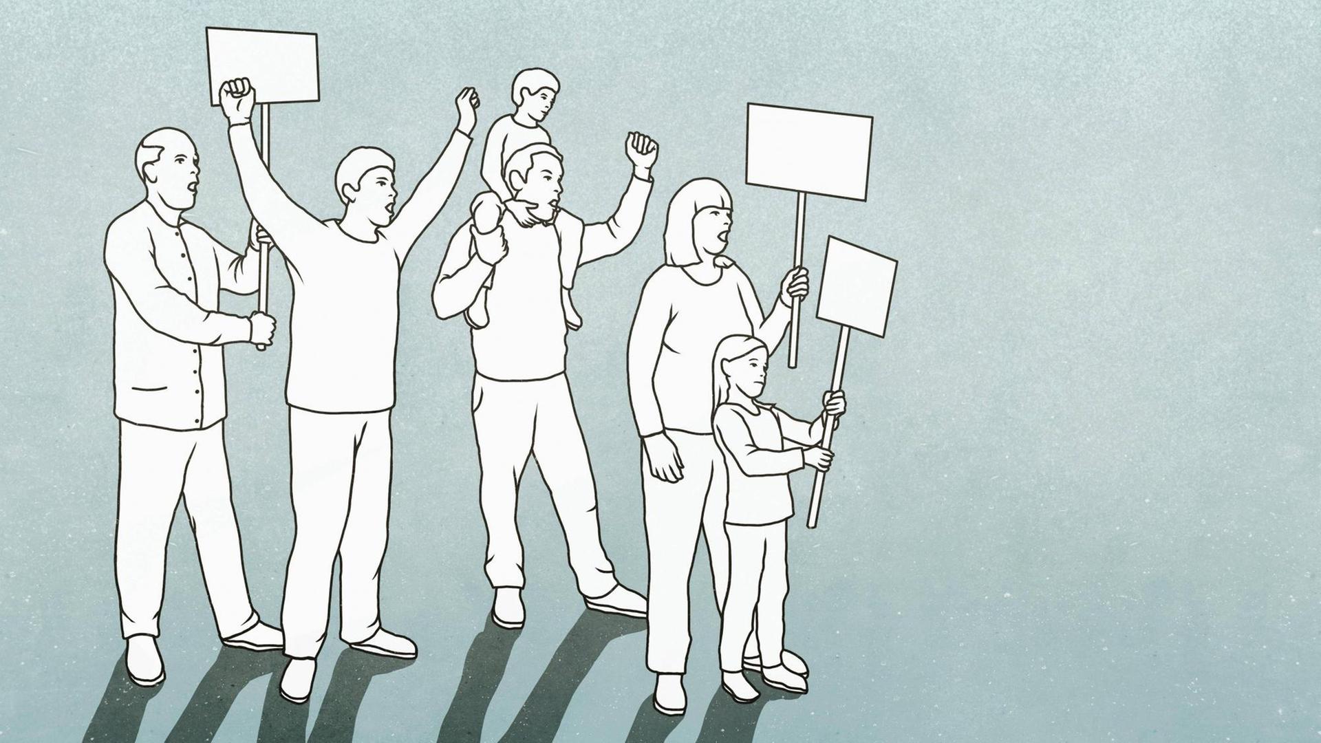 Illustration von protestierenden Menschen, die Schilder tragen Illustration von protestierenden Menschen, die Schilder tragen