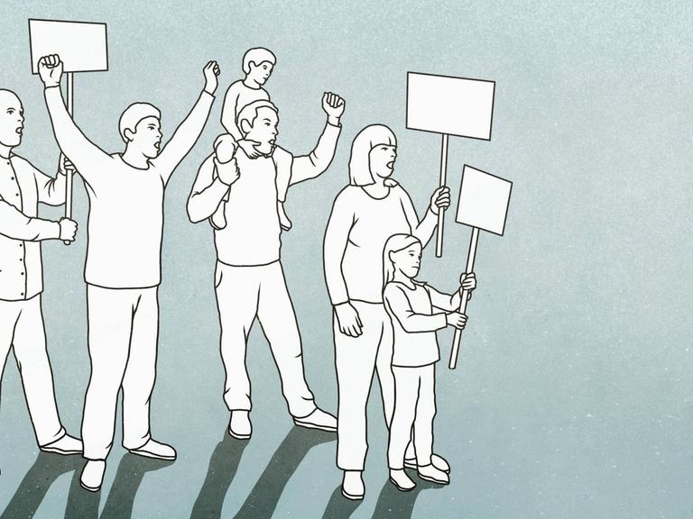Illustration von protestierenden Menschen, die Schilder tragen