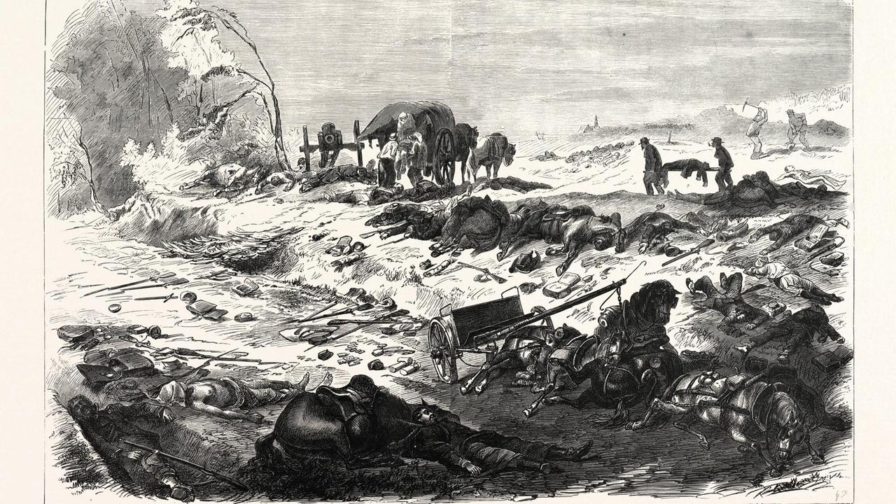 Das Schlachtfeld von Sedan ist übersät mit toten Soldaten und Pferden am Abend des 1. September (historische Illustration)  