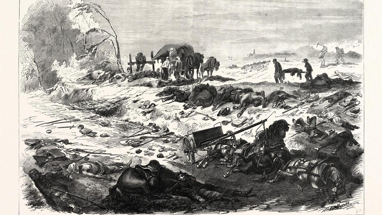 Das Schlachtfeld von Sedan ist übersät mit toten Soldaten und Pferden am Abend des 1. September (historische Illustration) Das Schlachtfeld von Sedan ist übersät mit toten Soldaten und Pferden am Abend des 1. September (historische Illustration)