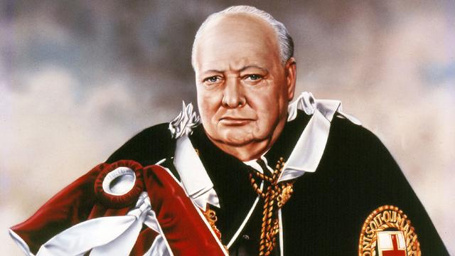 Ein Gemälde zeigt den britischen Staatsmann Sir Winston Churchill mit den Insignien des Hosenbandordens (undatiert).