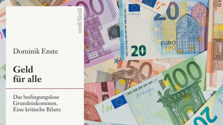 Buchcover "Geld für alle". Im Hintergrund verschiedene Geldscheine Buchcover "Geld für alle". Im Hintergrund verschiedene Geldscheine