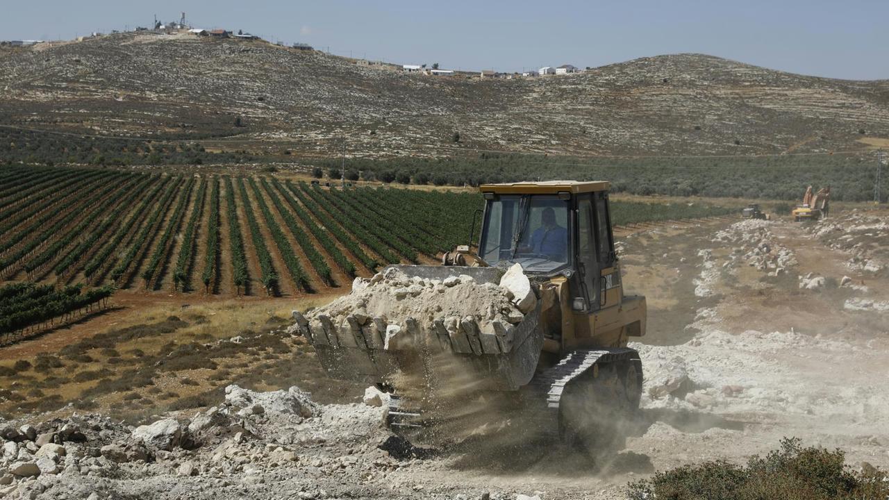 Ein Bulldozer arbeitet am 20. Juni 2017 an der neuen israelischen Siedlung Amichai im Westjordanland, die für die aufgegebene Siedlung Amona entsteht. Ein Bulldozer arbeitet am 20. Juni 2017 an der neuen israelischen Siedlung Amichai im Westjordanland, die für die aufgegebene Siedlung Amona entsteht.