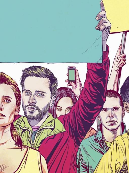 Illustration einer Gruppe von jungen, demonstrierenden Menschen mit leeren, unausgefüllten Plakaten und Smartphones in ihren Händen.