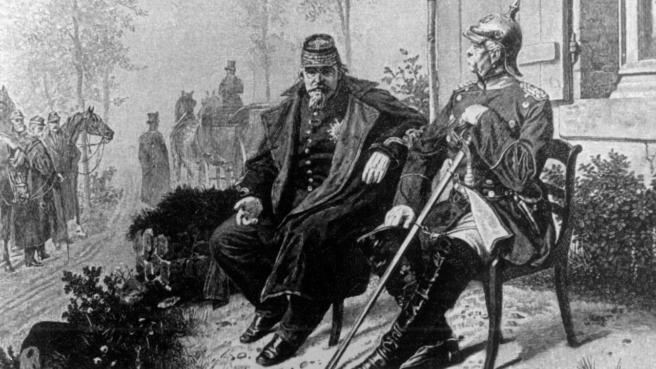 Der letzte französische Kaiser Napoleon III. (l) in einer zeitgenössischen Darstellung während einer Unterredung mit Fürst Otto von Bismarck in Donchery nach der Schlacht bei Sedan. Der letzte französische Kaiser Napoleon III. (l) in einer zeitgenössischen Darstellung während einer Unterredung mit Fürst Otto von Bismarck in Donchery nach der Schlacht bei Sedan.