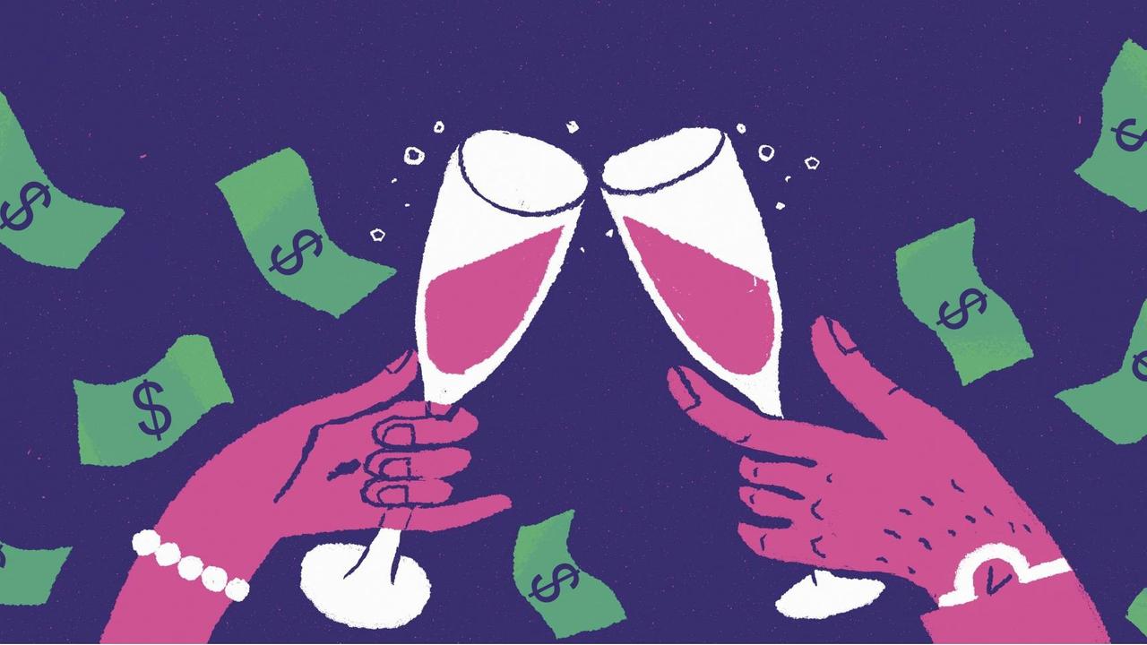 Illustration: Hände eines wohlhabenden Paares stoßen mit Sektgläsern an, um sie herum wirbeln Dollarscheine. Illustration: Hände eines wohlhabenden Paares stoßen mit Sektgläsern an, um sie herum wirbeln Dollarscheine.