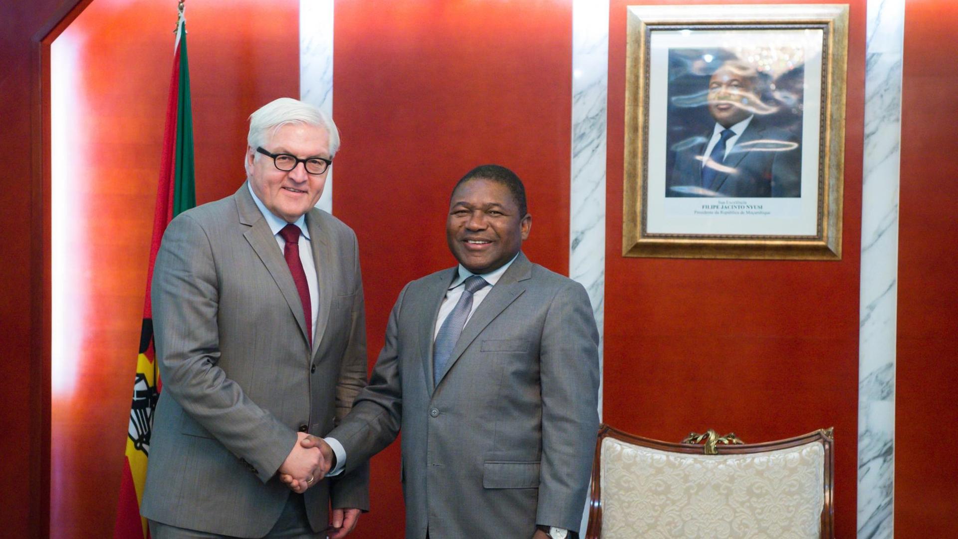 Steinmeier und Nyusi schütteln sich die Hand. Steinmeier und Nyusi schütteln sich die Hand.