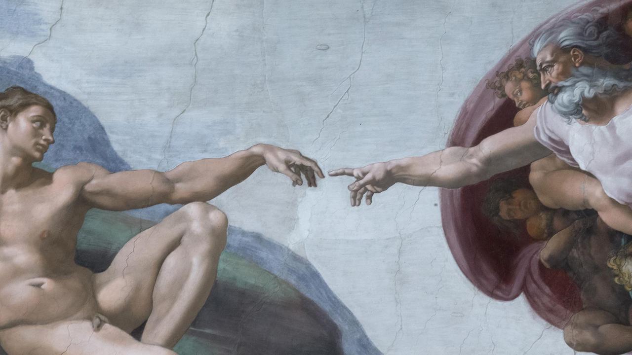 "Die Erschaffung Adams" ist ein Ausschnitt aus dem um 1510 geschaffenen Deckenfresko des Malers Michelangelo Buonarroti in der Sixtinischen Kapelle in Rom, das die biblische Schöpfungsgeschichte darstellt. "Die Erschaffung Adams" ist ein Ausschnitt aus dem um 1510 geschaffenen Deckenfresko des Malers Michelangelo Buonarroti in der Sixtinischen Kapelle in Rom, das die biblische Schöpfungsgeschichte darstellt.