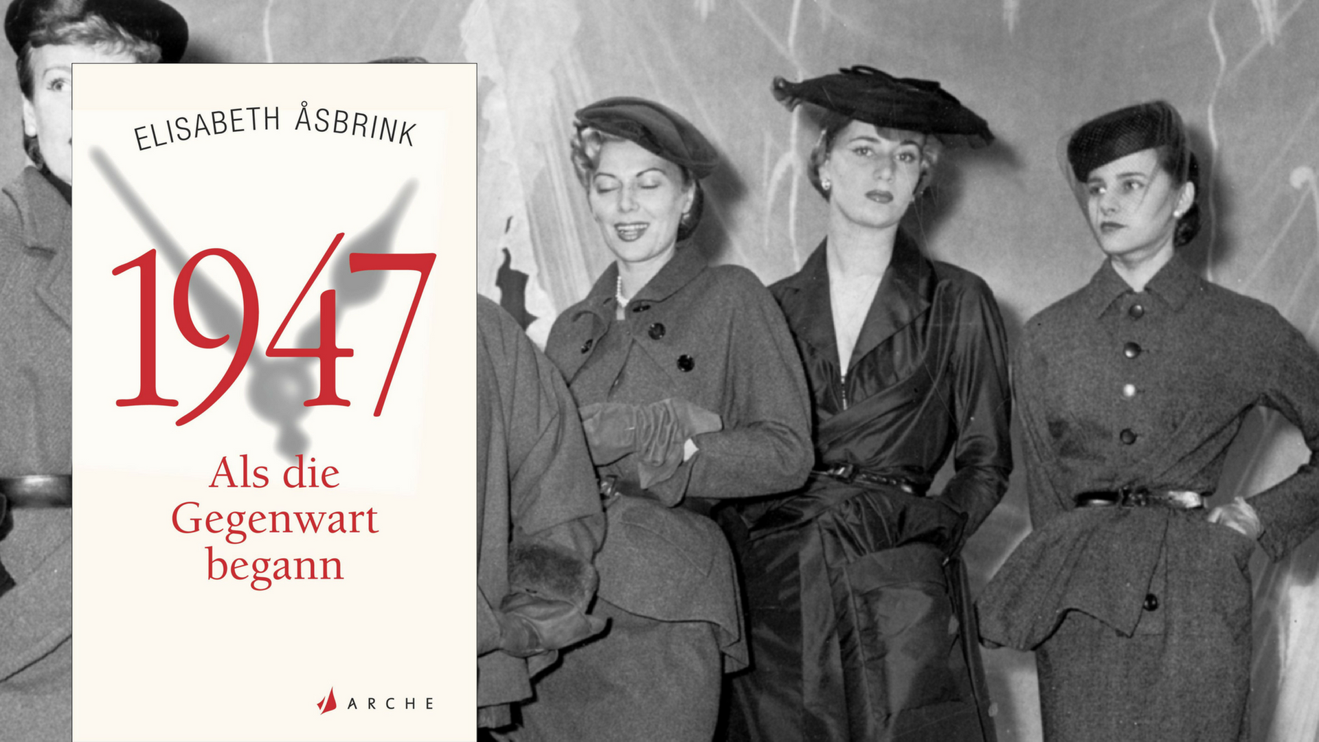 Buchcover "1947" von Elisabeth Asbrink, im Hintergrund Mannequins bei einer Dior-Modenschau in Paris. Buchcover "1947" von Elisabeth Asbrink, im Hintergrund Mannequins bei einer Dior-Modenschau in Paris.