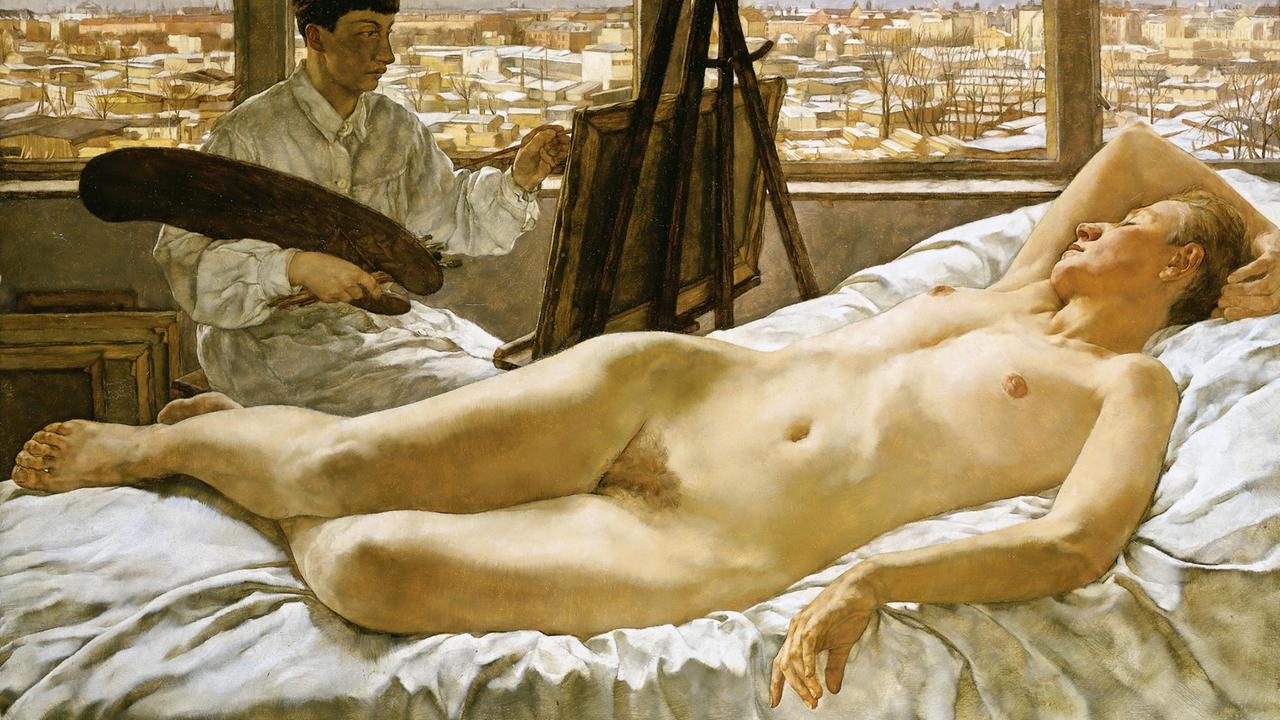 Gemälde einer Frau die eine andere nackte, auf dem Bett liegende, Frau malt.