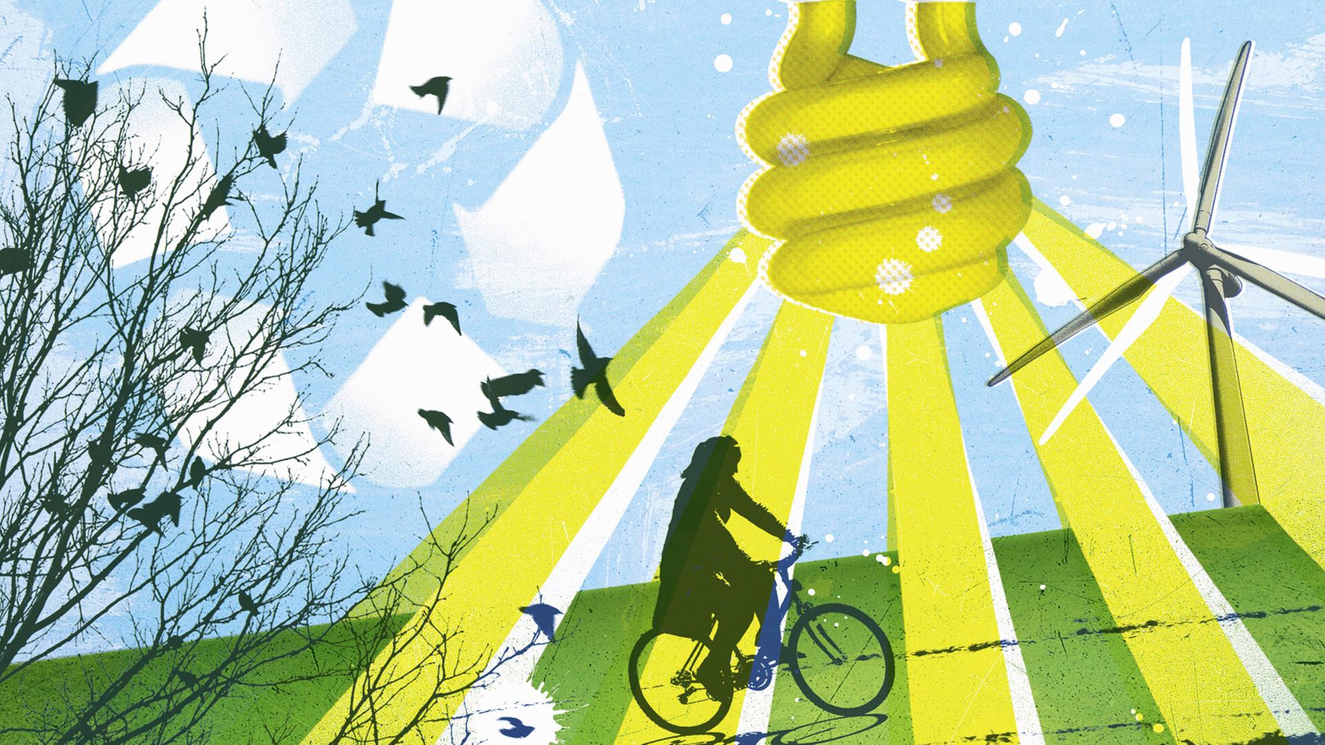 Eine Frau fährt Fahrrad umgeben von umweltfreundlichen Symbolen wie Windrad, Recycling-Pfeil und Licht einer Energiesparlampe