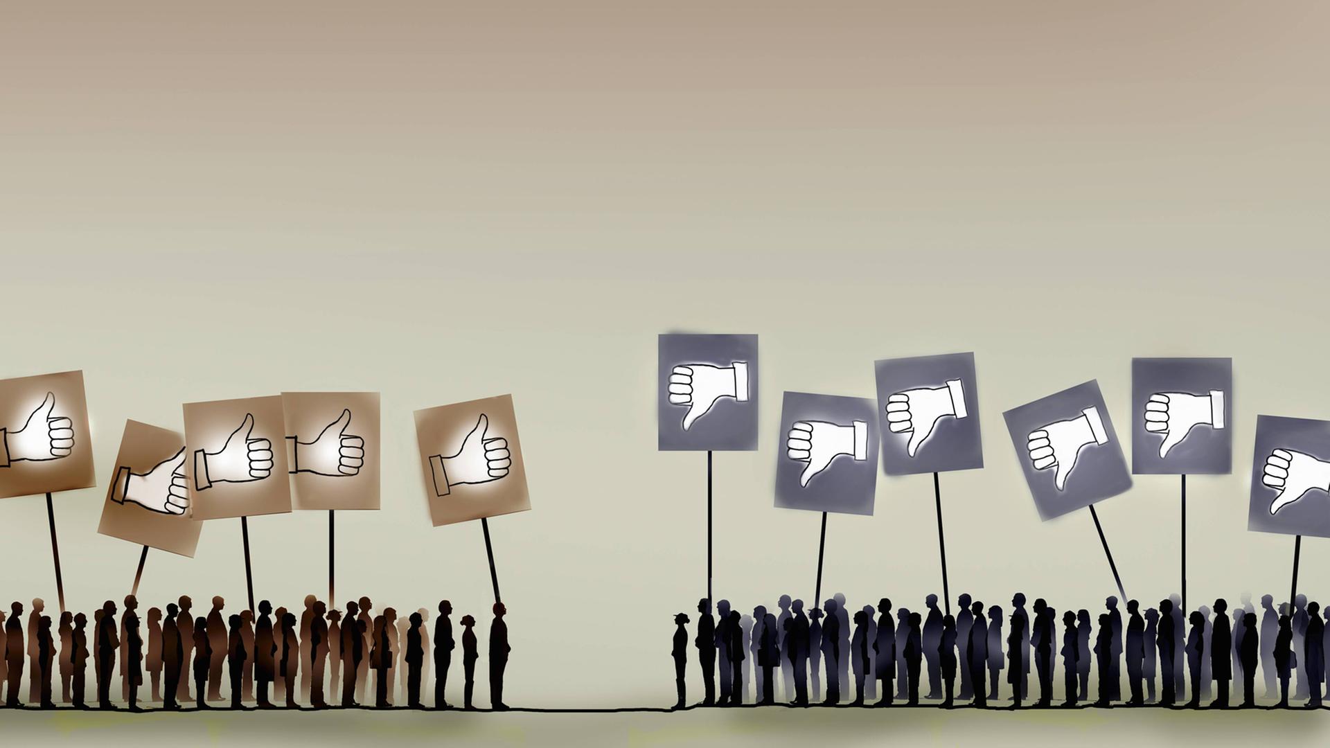 Zwei Menschenmengen halten Plakate mit "Likes" und "Dislikes". Zwei Menschenmengen halten Plakate mit "Likes" und "Dislikes".