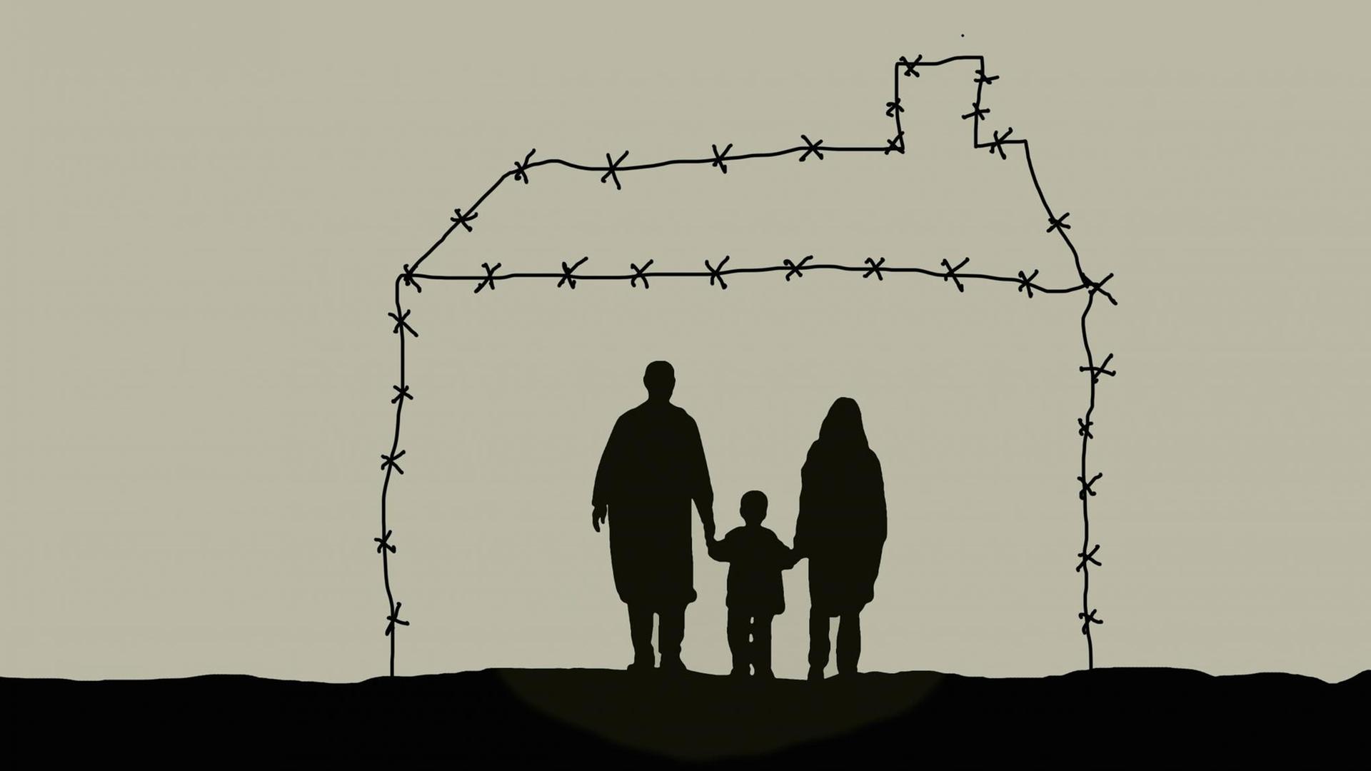 Illustration: Menschen mit Kind an der Hand in einem Stacheldraht-Haus. Illustration: Menschen mit Kind an der Hand in einem Stacheldraht-Haus.