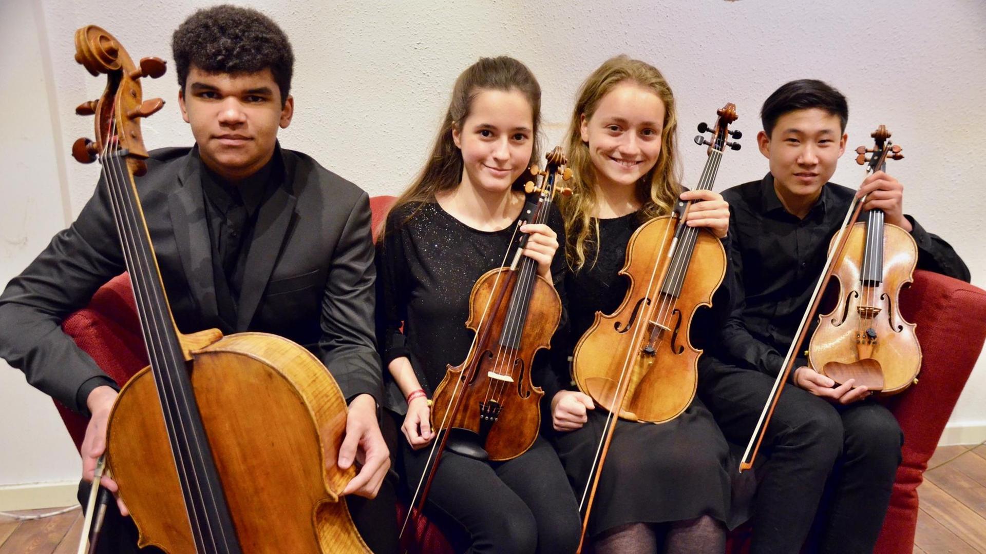 Die vier jungen Musiker eines Streichquartettes stehen mit ihren Instrumenten in einer Reihe Die vier jungen Musiker eines Streichquartettes stehen mit ihren Instrumenten in einer Reihe