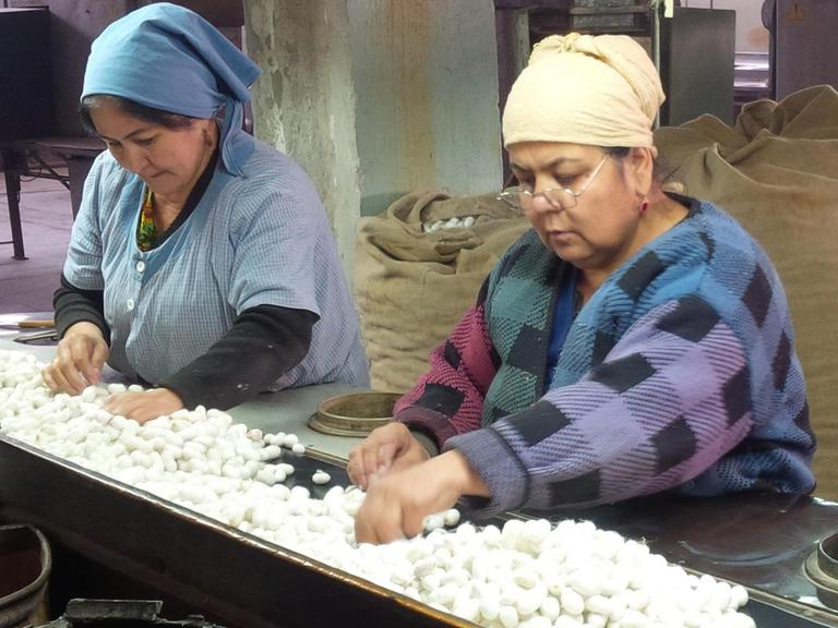 Arbeiterinnen in der Stadt Khujand, Tadschikistan in der Fabrik "VT Silk"