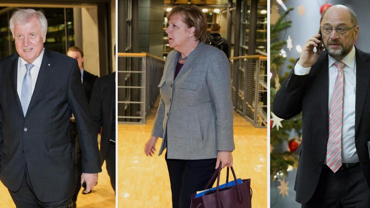 Die Bildkombo zeigt die drei Politiker jeweils bei der Ankunft im Foyer; Schulz telefoniert mit dem Handy; Merkel trägt eine Tasche. Die Bildkombo zeigt die drei Politiker jeweils bei der Ankunft im Foyer; Schulz telefoniert mit dem Handy; Merkel trägt eine Tasche.
