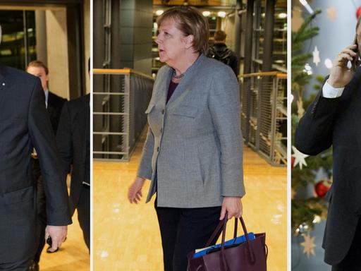 Die Bildkombo zeigt die drei Politiker jeweils bei der Ankunft im Foyer; Schulz telefoniert mit dem Handy; Merkel trägt eine Tasche.