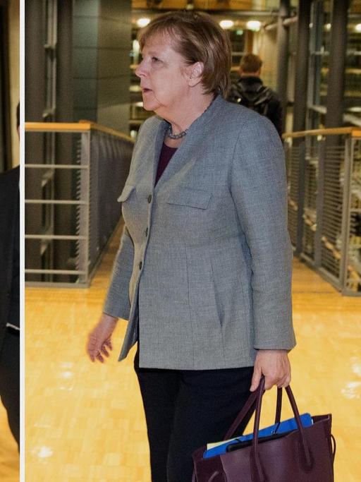 Die Bildkombo zeigt die drei Politiker jeweils bei der Ankunft im Foyer; Schulz telefoniert mit dem Handy; Merkel trägt eine Tasche.