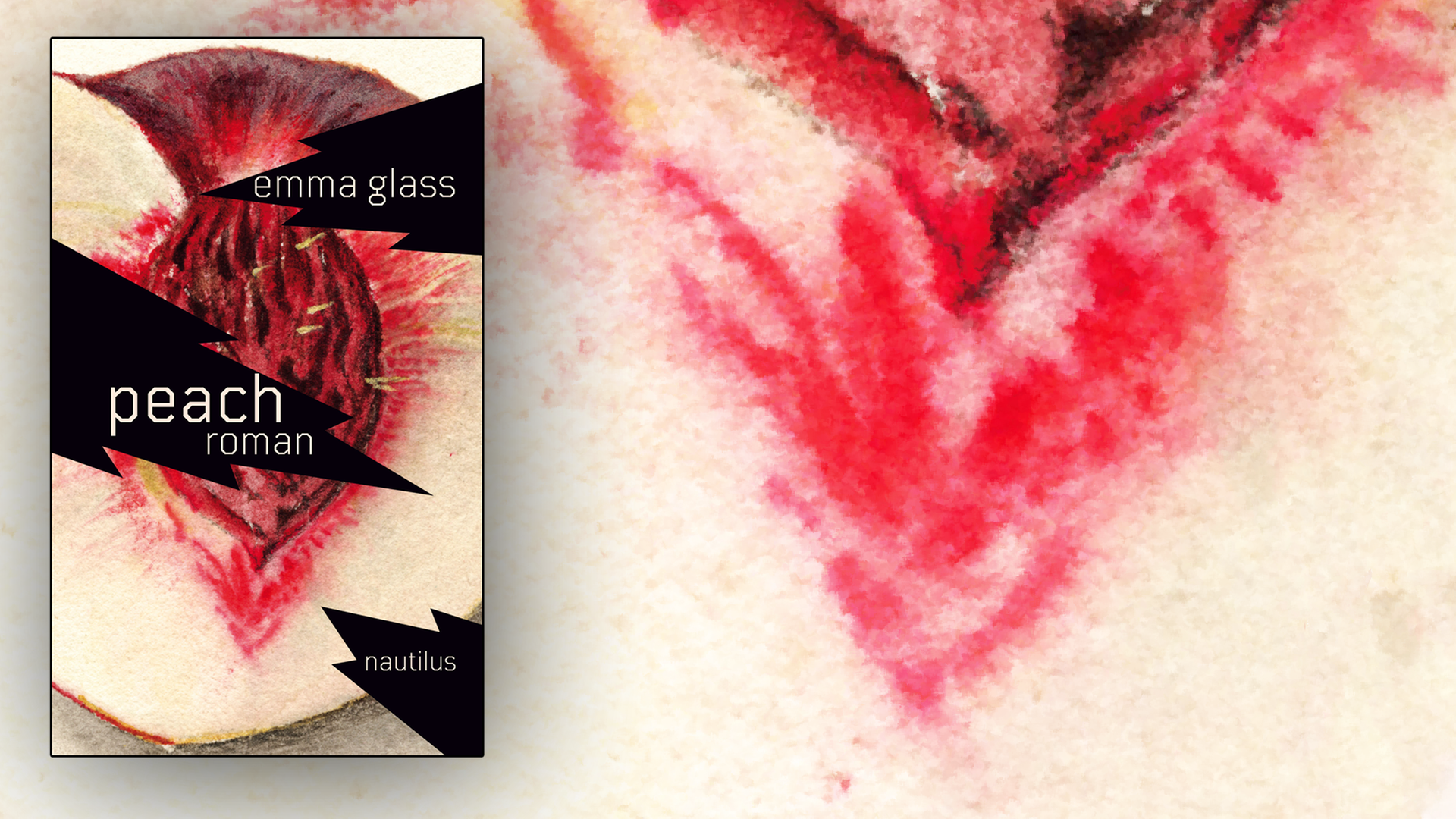 Cover des Romans Peach von Emma Glass (mit verfremdetem BIldausschnitt im Hintergrund), Edition Nautilus Cover des Romans Peach von Emma Glass (mit verfremdetem BIldausschnitt im Hintergrund), Edition Nautilus
