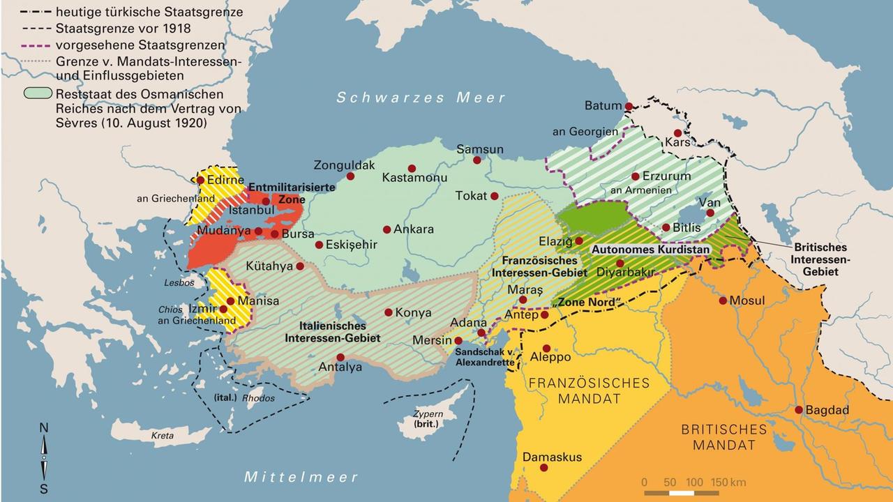 Eine Karte zeigt den Reststaat des Osmanischen Reiches nach dem Vertrag von Sèvres . Eine Karte zeigt den Reststaat des Osmanischen Reiches nach dem Vertrag von Sèvres .