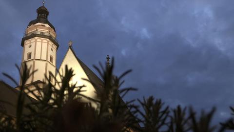 Die angestrahlte Thomaskirche ist durch Nadelzweige bei Nacht zu sehen.