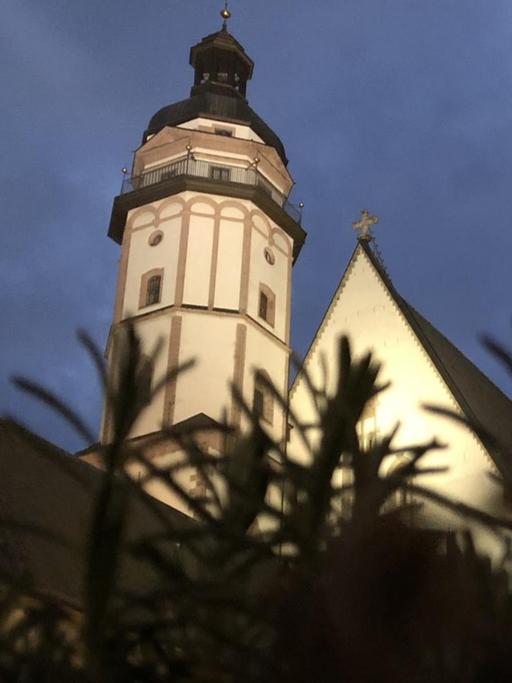 Die angestrahlte Thomaskirche ist durch Nadelzweige bei Nacht zu sehen.