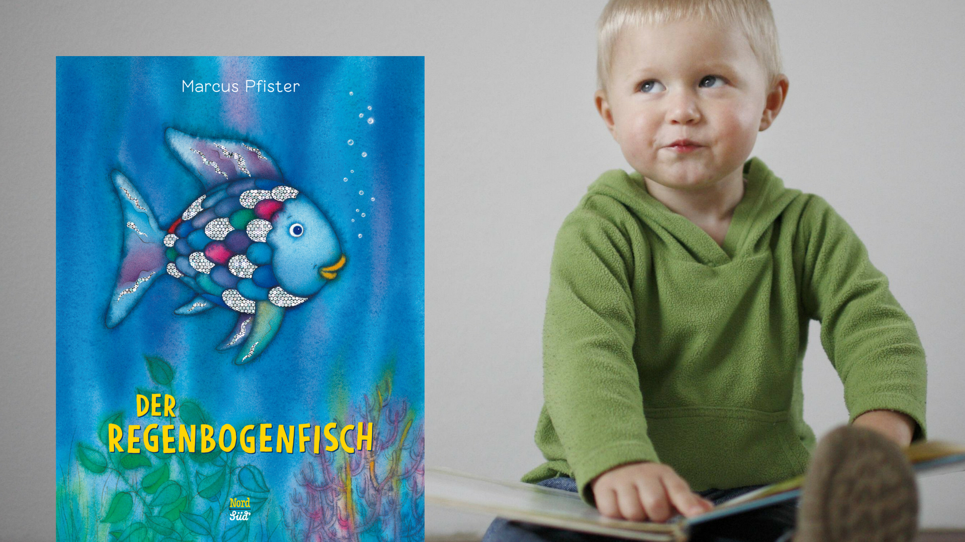 Cover von Marcus Pfisters Kinderbuch "Der Regenbogenfisch". Im Hintergrund: Ein Kind mit einem Buch. Cover von Marcus Pfisters Kinderbuch "Der Regenbogenfisch". Im Hintergrund: Ein Kind mit einem Buch.
