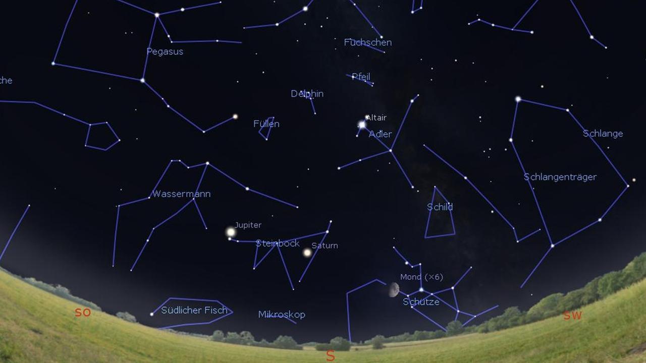 Das Sternbild Adler steht abends am Südhimmel, oberhalb von Mond, Saturn und Jupiter