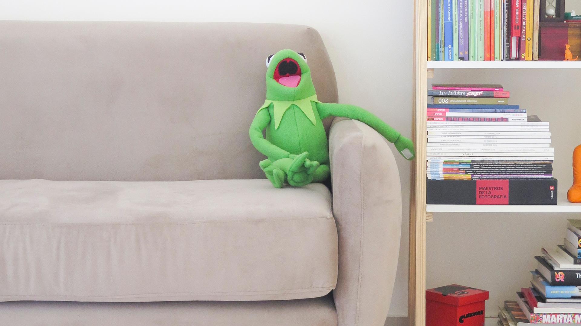 Kermit der Frosch sitzt auf einem Sofa. Kermit der Frosch sitzt auf einem Sofa.