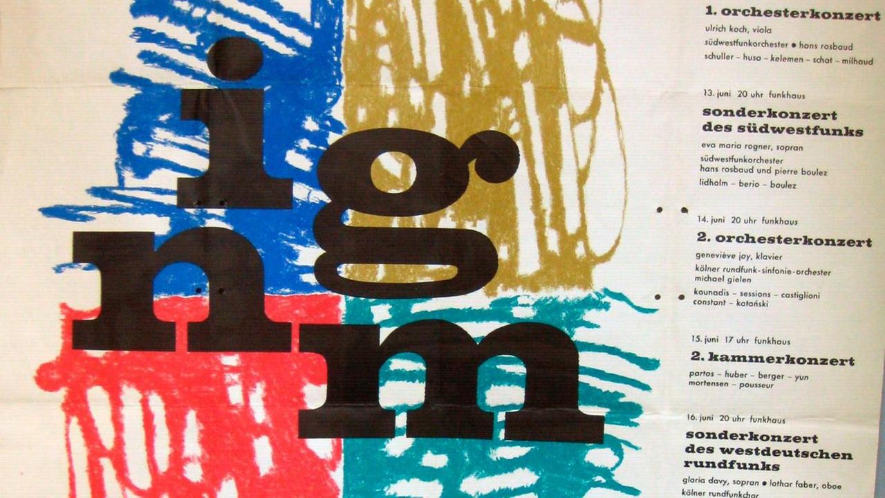 Die Buchstaben i g n m auf farbigem Grund im Originalplakat der Weltmusiktage 1960 Die Buchstaben i g n m auf farbigem Grund im Originalplakat der Weltmusiktage 1960