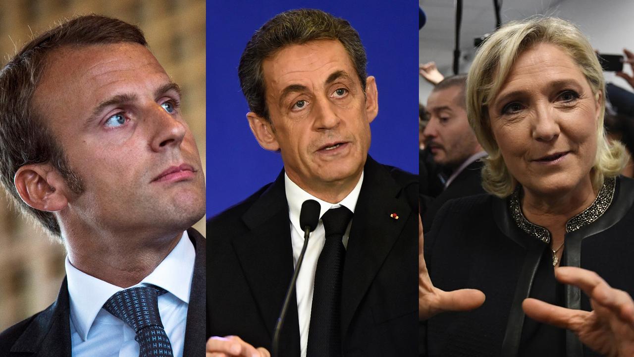 Emmanuel Macron, Nicolas Sarkozy und Marine Le Pen.