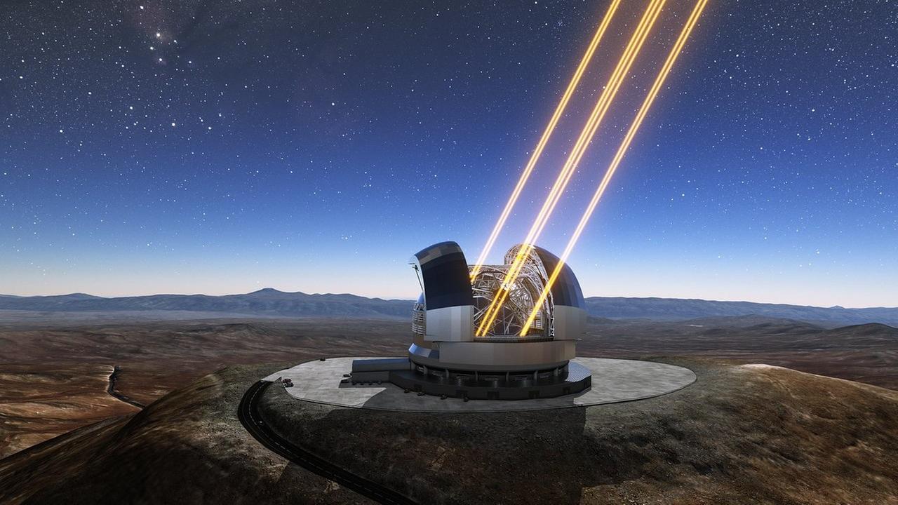 Das Extrem Große Teleskop der ESO bei Beobachtung mit Laser-Leitsternen (künstlerische Darstellung) Das Extrem Große Teleskop der ESO bei Beobachtung mit Laser-Leitsternen (künstlerische Darstellung)