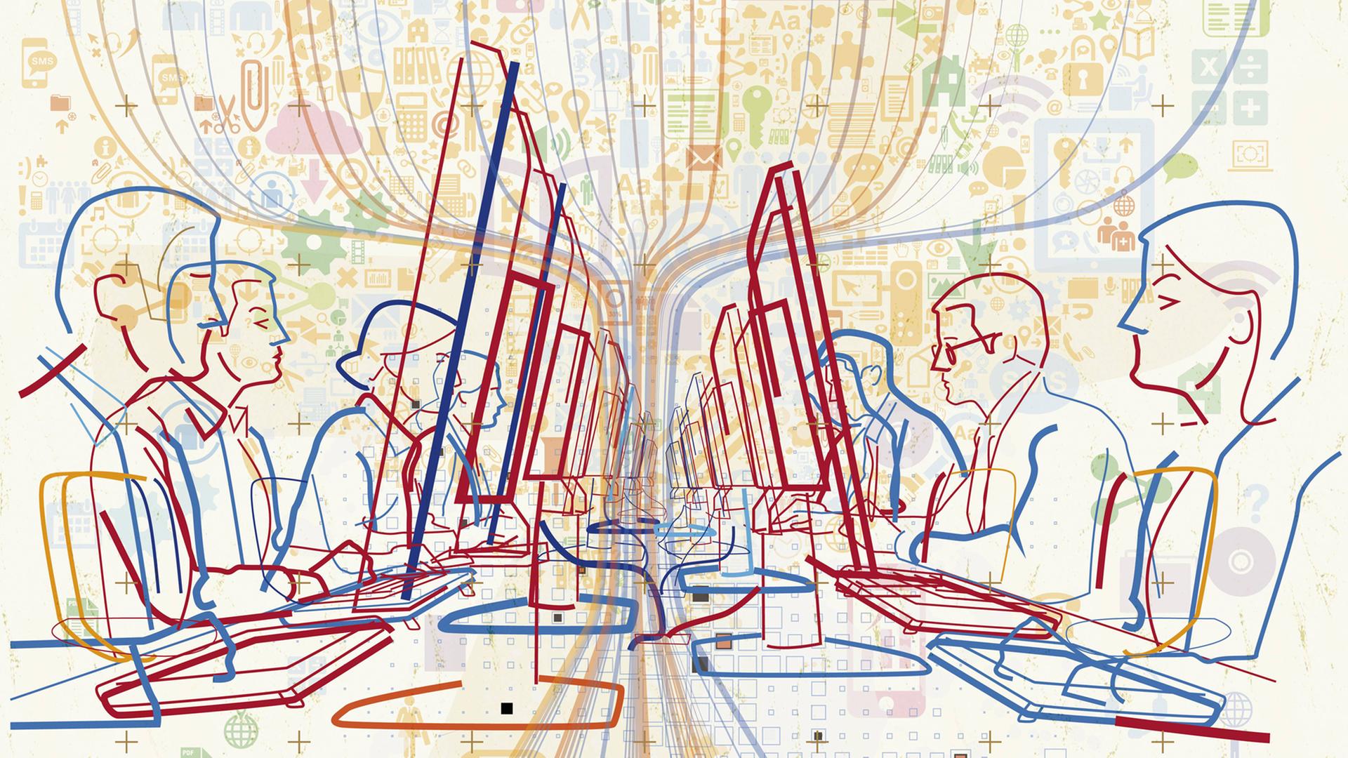 Zeichnung von zwei Reihen mit Büroangestellten, die an Computern mit Datenströmen arbeiten. Zeichnung von zwei Reihen mit Büroangestellten, die an Computern mit Datenströmen arbeiten.