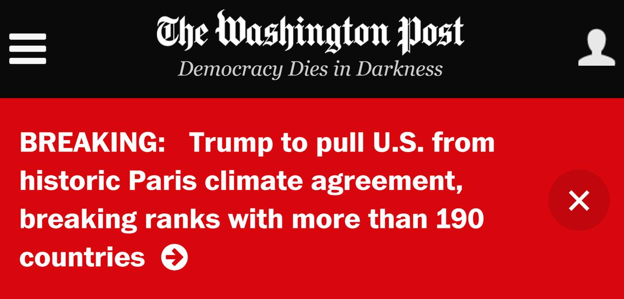 Startseite der Washington Post mit Breaking-News zu Trumps Ausstieg aus dem Klimaschutzabkommen
