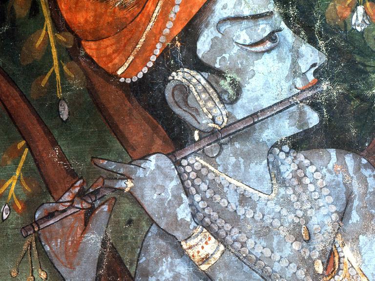 Ein Detail aus einer hinduistischen Darstellung des Gottes Krishna, in der er Flöte spielend dargestellt wird (19. Jahrhundert)