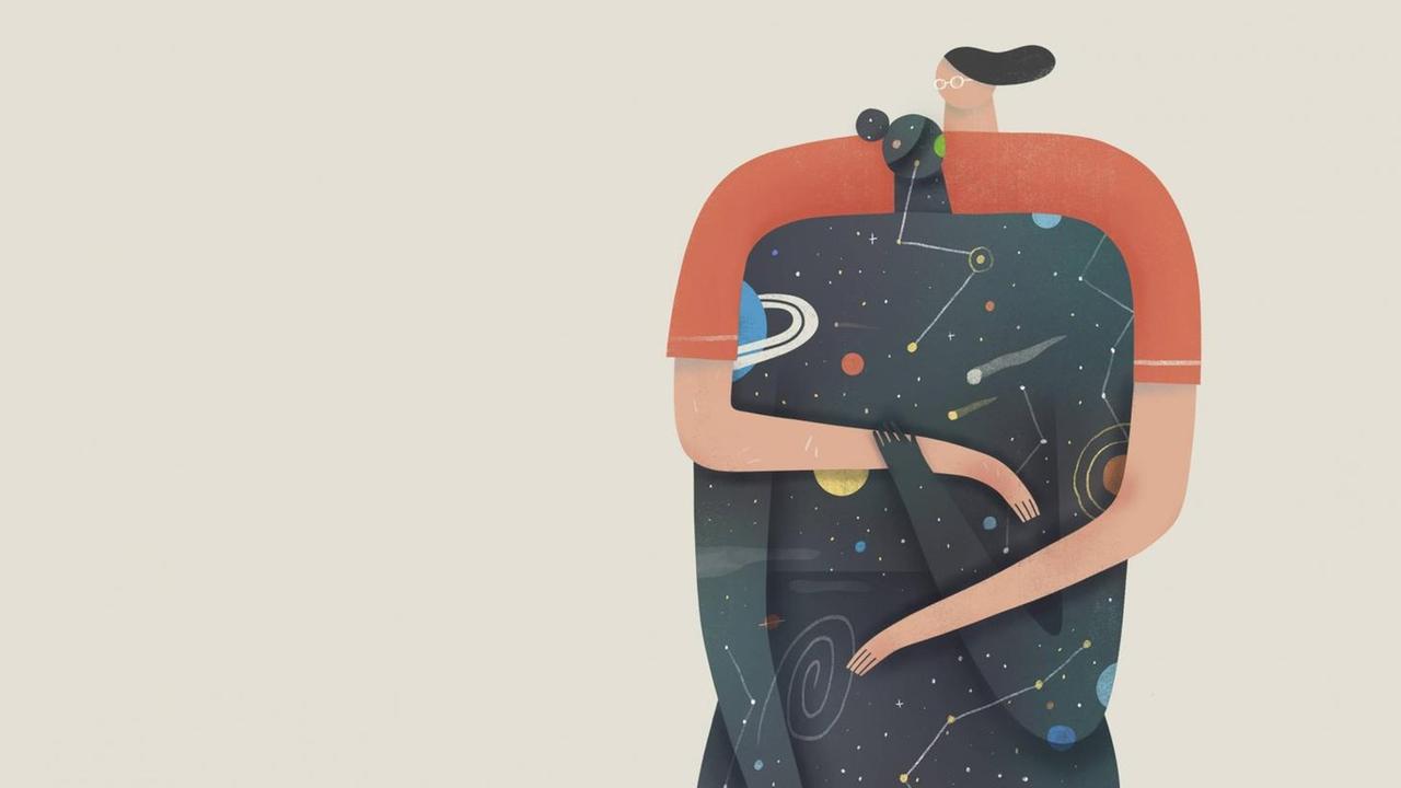 Illustration: Eine Frau umarmt einen Menschen mit Planeten und Sternen ...</p>

                        <a href=