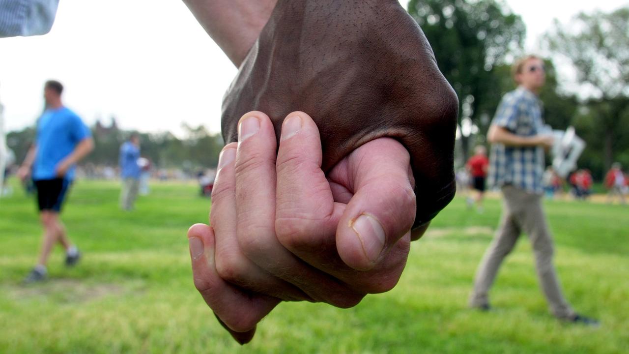 Zwei Teilnehmer einer Demonstration gegen Rassismus halten sich am 28.08.2008 in Washington an den Händen - der eine schwarz, der andere weiß. Zwei Teilnehmer einer Demonstration gegen Rassismus halten sich am 28.08.2008 in Washington an den Händen - der eine schwarz, der andere weiß.