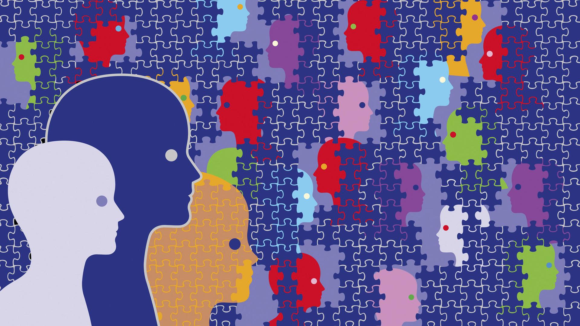Gesichter werden verdeckt von Puzzleteilen. Gesichter werden verdeckt von Puzzleteilen.